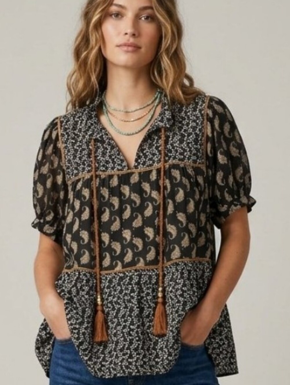 Boho Black Mixed-Print Tie-Front Top, New Size L